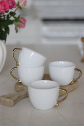 Heart Handled Ceramic Mug Set – 4 Piece – White Gold Handle