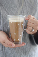 Double Walled Glass Latte Mug - Hearts And Dots/White
