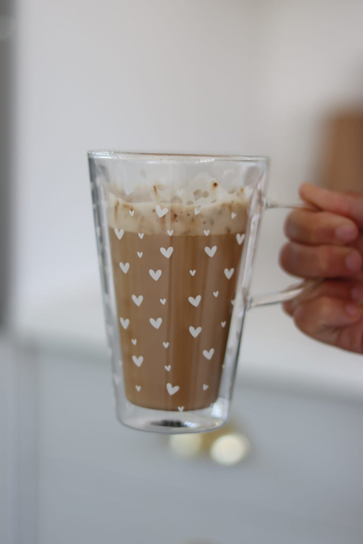 Double Wall Glass Latte Mug - Small Multi Heart/White
