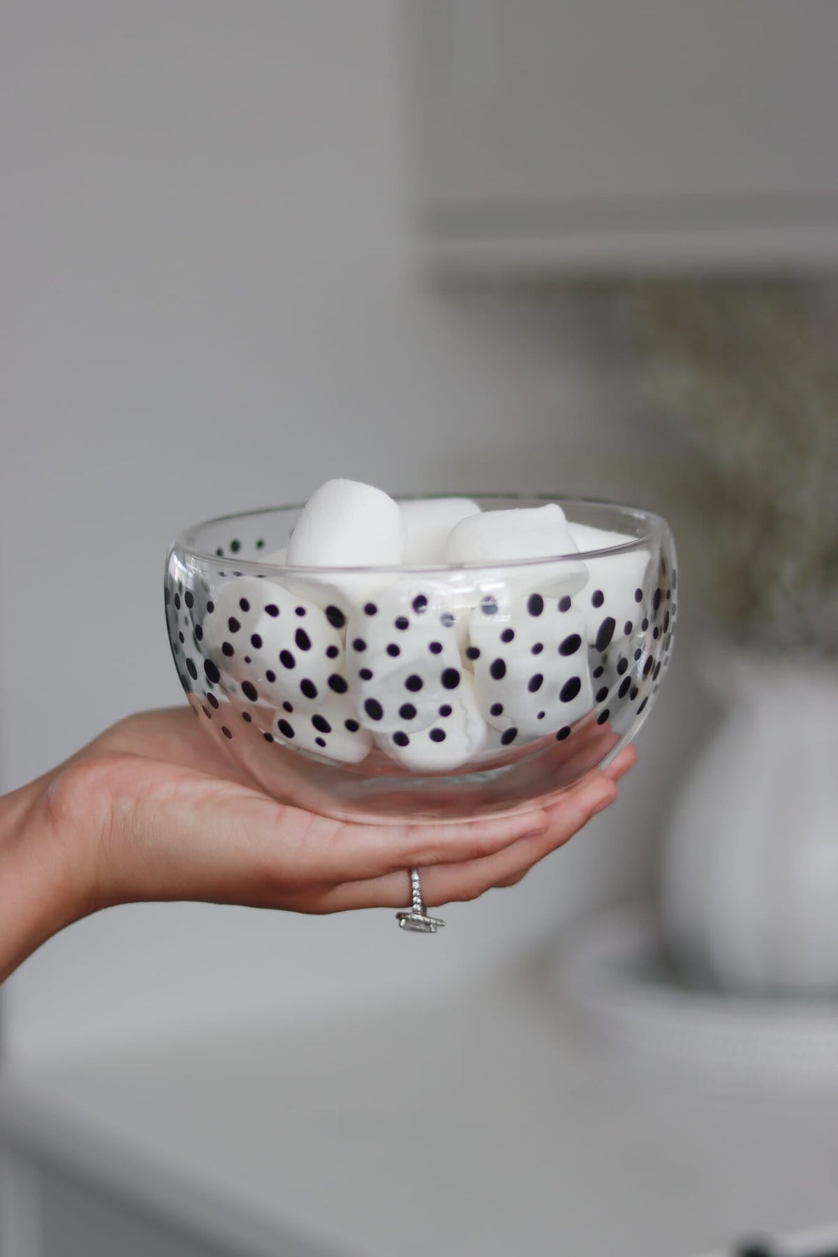 Double Wall Glass Bowl - Black/Polka