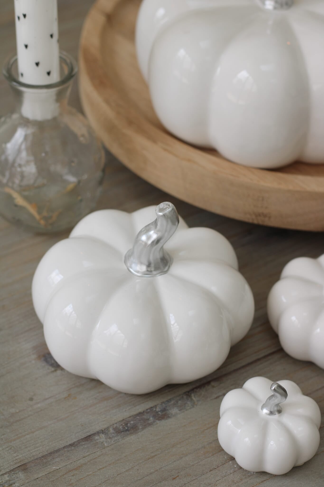 Ceramic Pumpkin White/Silver Stalk - Large