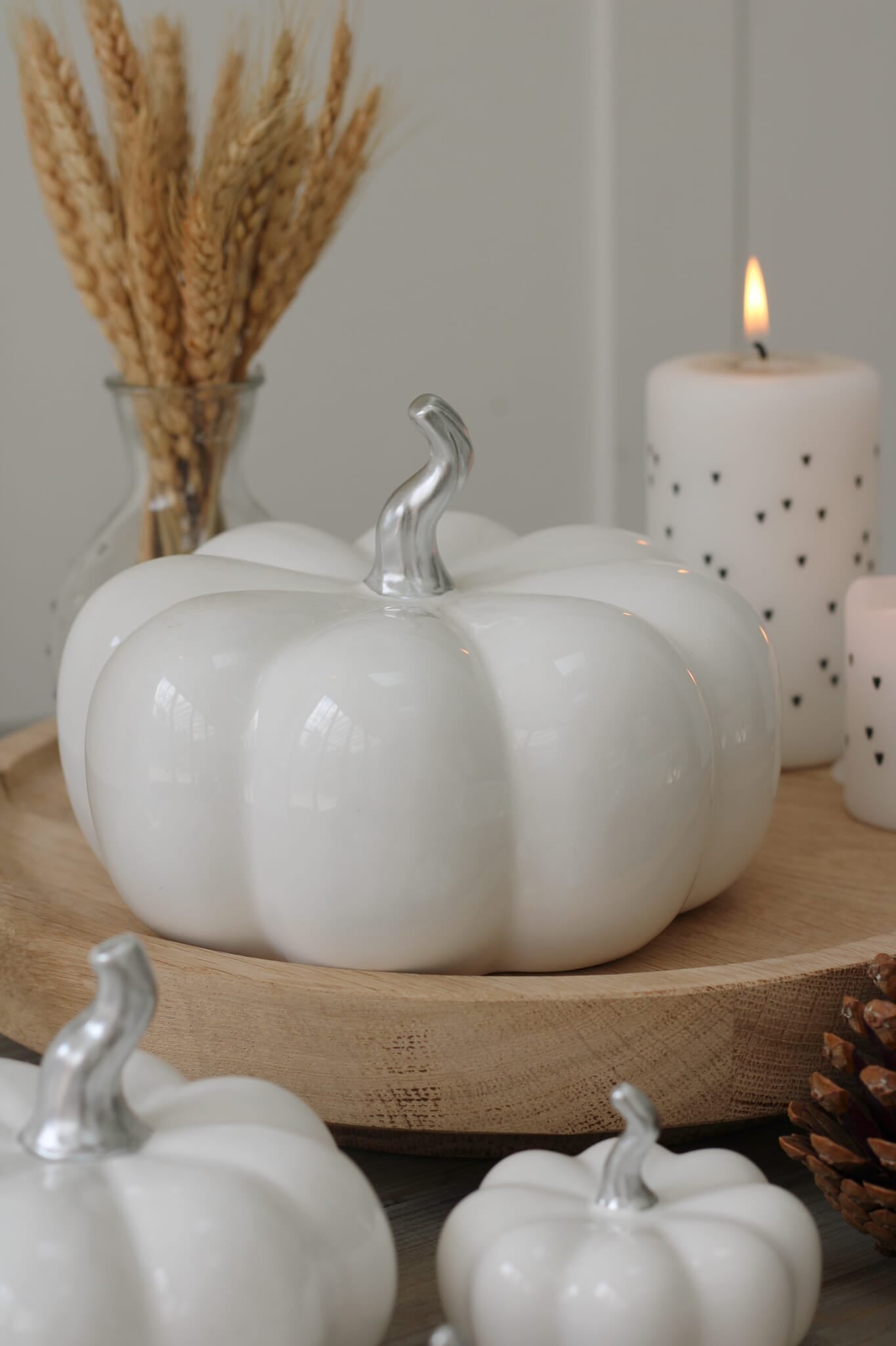 Ceramic Pumpkin White/Silver Stalk - Medium 2Pc Set