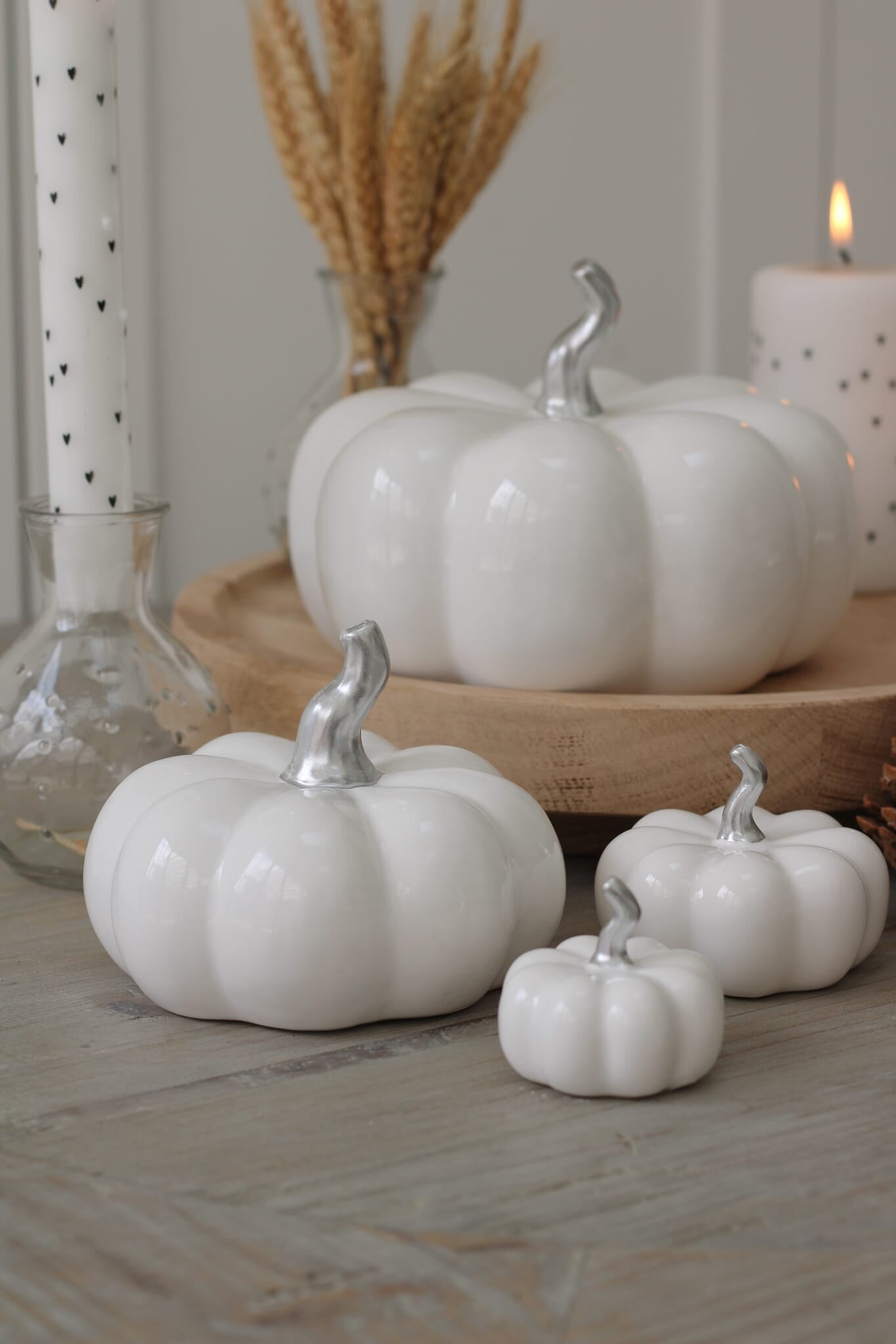 Ceramic Pumpkin White/Silver Stalk - Tiny 4Pc Set