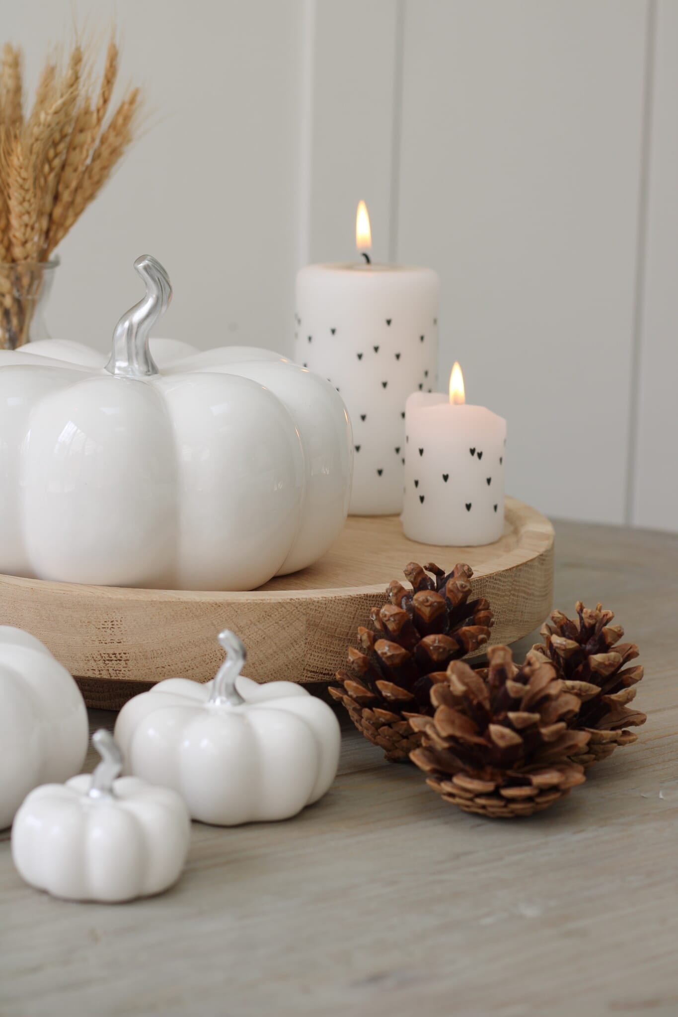 Ceramic Pumpkin White/Silver Stalk - Large