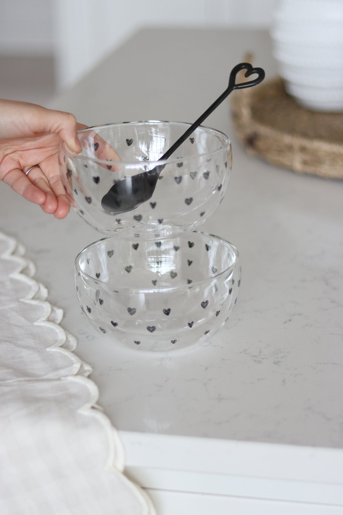Glass Bowl Set – 2 Piece – Black/Multi Heart