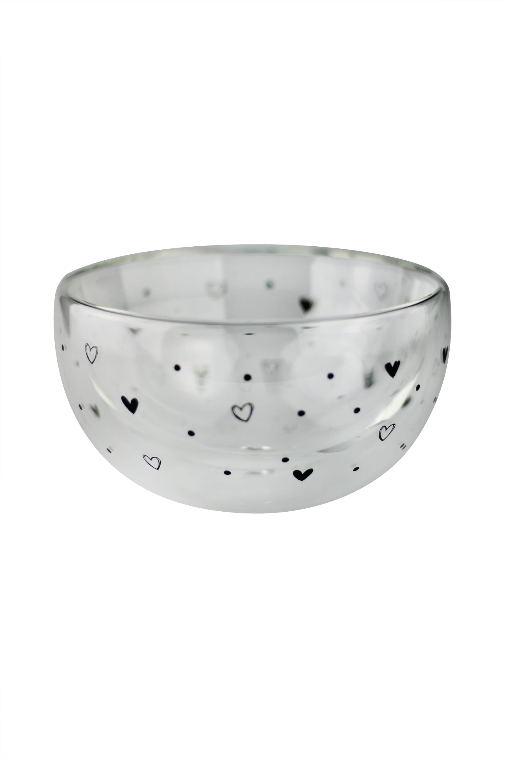 Double Wall Glass Bowl - Black/Hearts Dots
