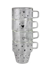 Double Walled Glass Stacking Mugs - Hearts/Black