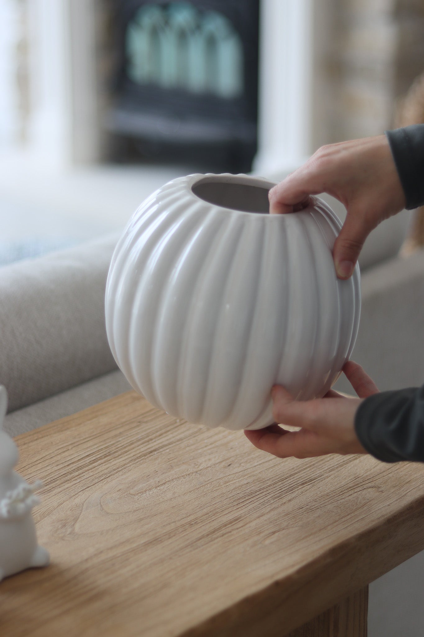 Fluted Round Ceramic Vase - Glazed