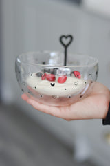 Double Wall Glass Bowl - Black/Hearts Dots