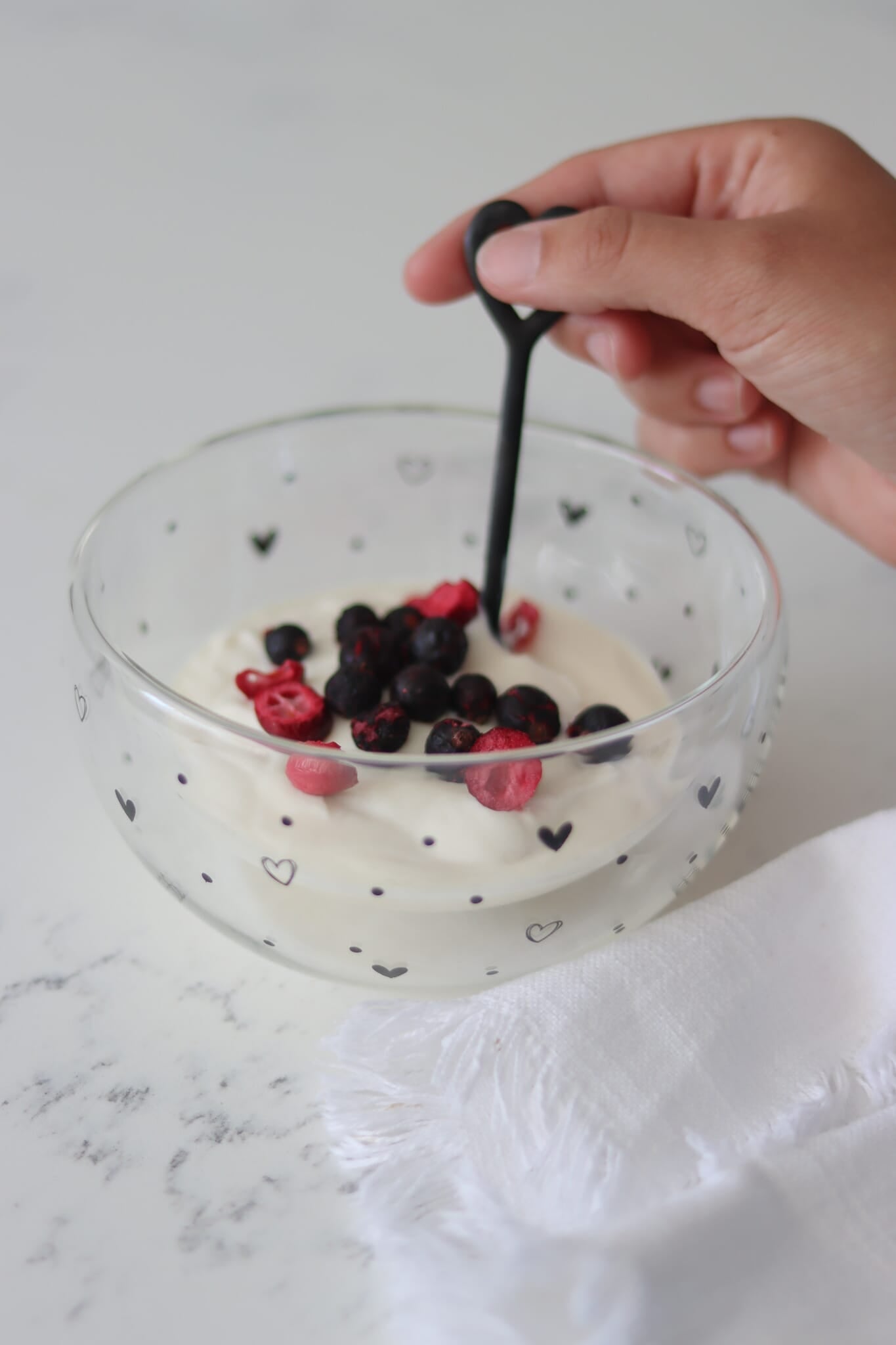 Double Wall Glass Bowl - Black/Hearts Dots