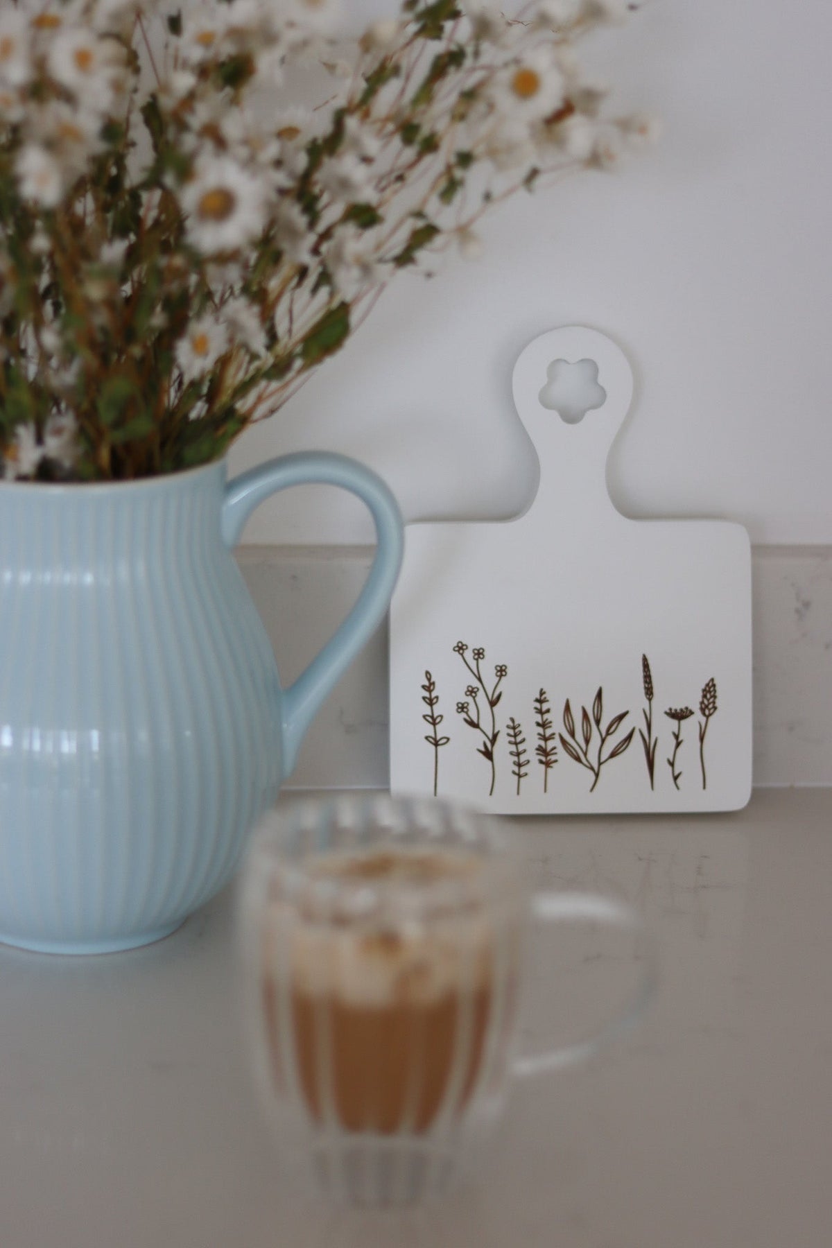 Engraved Flower Square Wooden Coaster - Small White