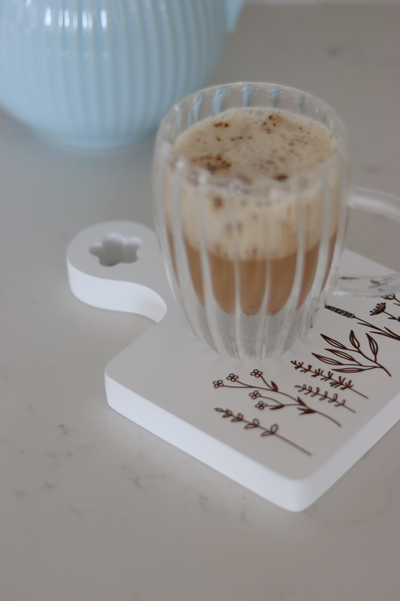 Engraved Flower Square Wooden Coaster - Small White